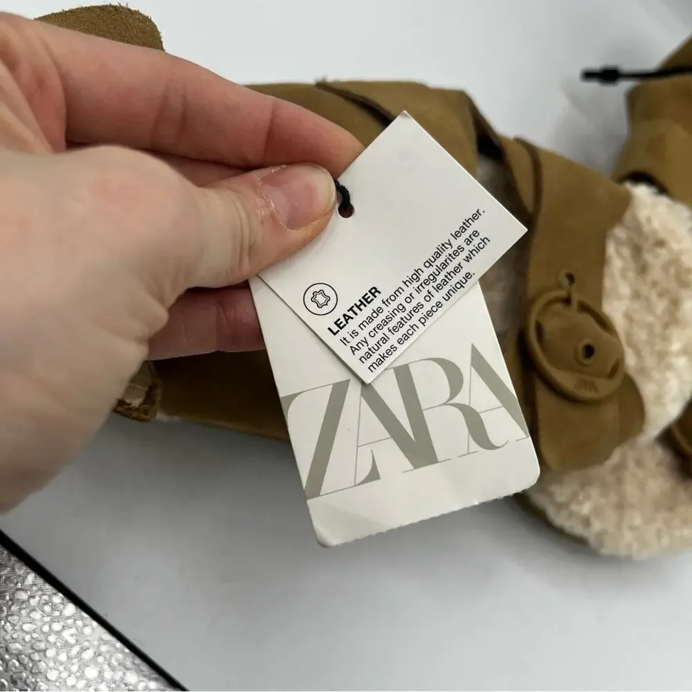 NWT Zara Leather Shearling Buckle Sling Back Flat Sandal Slipper Brown Cream 39 - Picture 7 of 8